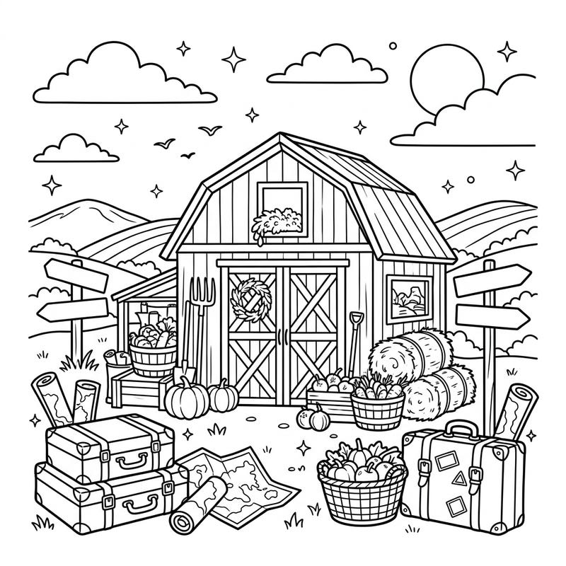 This unique coloring page beautifully combines the rustic charm of a storage barn filled with harvest items and the excitement of a vacation with suitcases and maps. It's a perfect blend of farm life and travel dreams, ready for your creative touch.