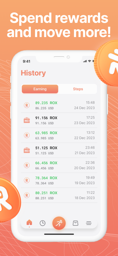 Robox Fit - Walk & Earn - Earnings history screen of the Robox Fit app showing a list of daily crypto rewards earned by walking