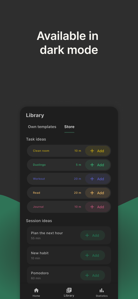 FlowStack: Focus Task Timer - Tela da biblioteca de tarefas do FlowStack exibida em modo escuro apresentando ideias de tarefas e sessões com timers.