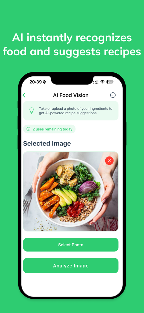 Recipe me & Ai food scanner - Interfaz de la aplicación Cookly AI que muestra la función AI food vision analizando un tazon de comida saludable para sugerir recetas