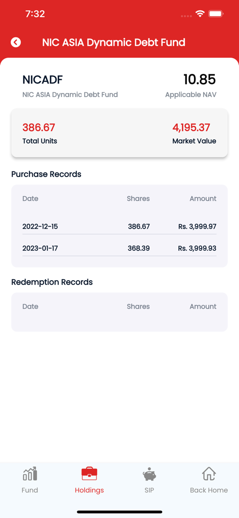 NIC ASIA Capital - Holdings screen in the NIC ASIA Capital app showing mutual fund investment details and purchase history