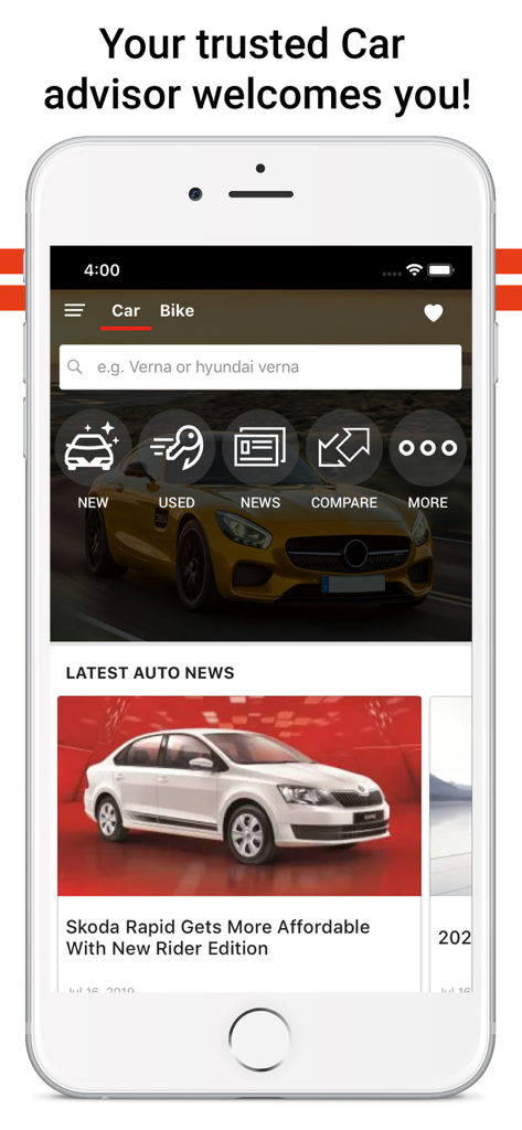 Tela inicial do aplicativo móvel ZigWheels mostrando ferramentas de pesquisa de carros e motos e as últimas notícias automotivas.