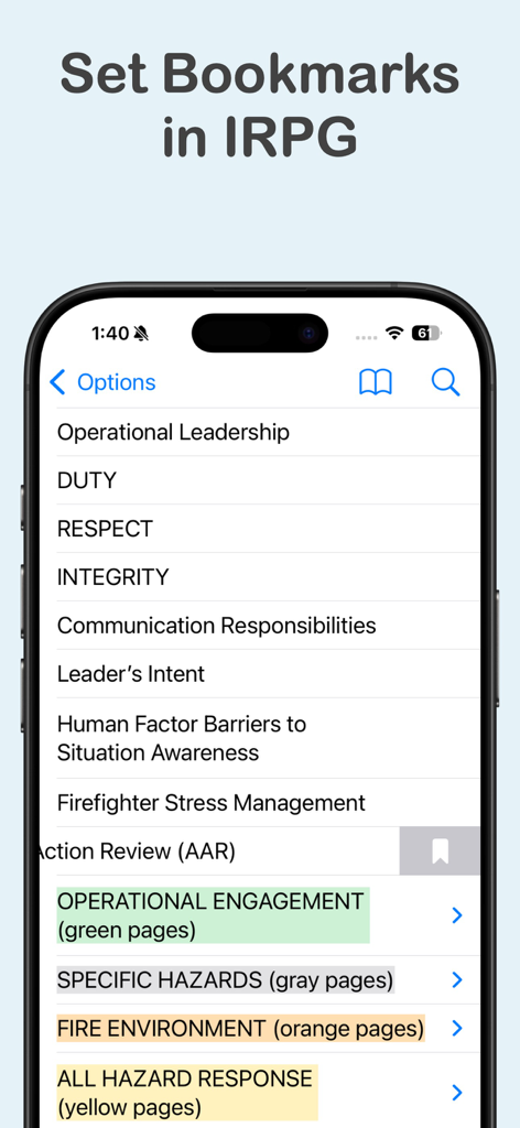 Wildland Toolkit - Wildland Toolkit app interface showing IRPG guide navigation with bookmarks and color coded sections.