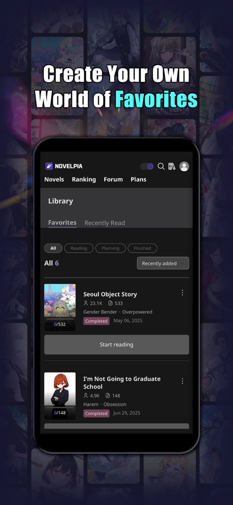 Novelpia - Unlimited Webnovels - Novelpia app screen showing a library of favorite webnovels with titles and book covers.