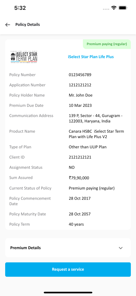 Canara HSBC Life - Policy details screen of the Canara HSBC Life app displaying insurance plan information and sum assured