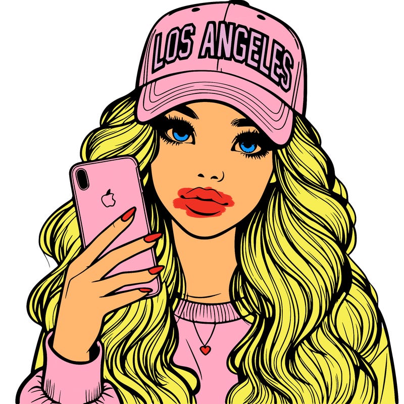 realistic beautiful girl wearing los ángeles cap holding an iphone