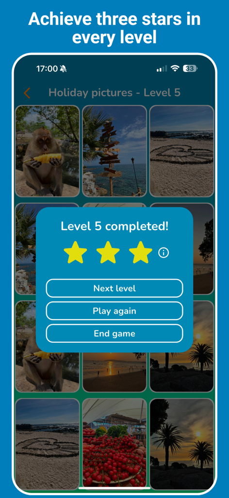 Photo Match Game - Una pantalla de nivel completado en Photo Match Game que muestra una calificación de tres estrellas sobre una cuadrícula de fotos personales de vacaciones