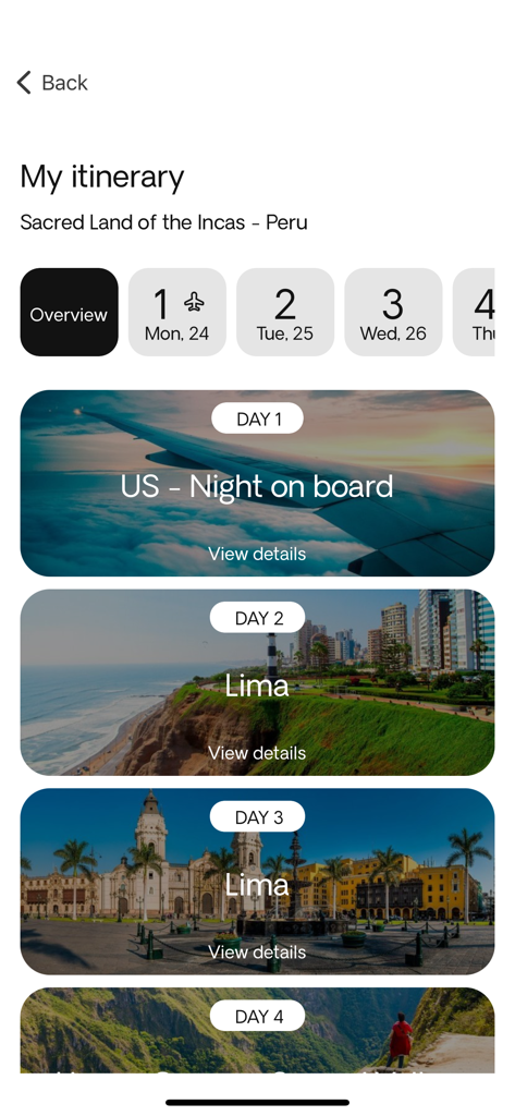 Exoticca: Travelers’ App - Vista del itinerario diario en la app de viajes Exoticca para un paquete turístico a Perú.