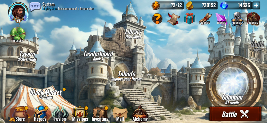 Arcane Heroes: Warbound - Main menu of Arcane Heroes Warbound featuring a fantasy castle with options for summoning heroes and entering battle
