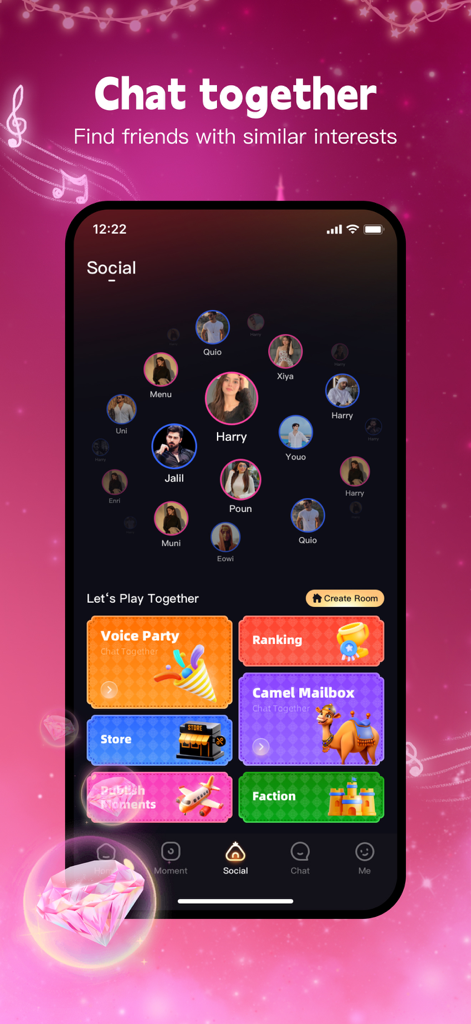 Ezzo-Voice Chat Party&Play - Ezzoモバイルアプリのソーシャルインターフェース。円状に並んだユーザープロフィールと様々なボイスチャット機能が表示されています。