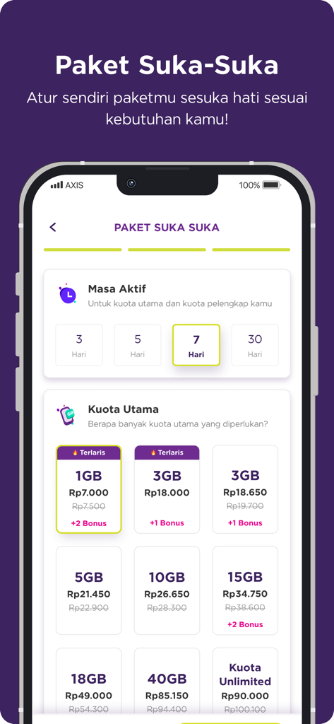 AXISNet - AXISNet 앱 인터페이스. 맞춤형 모바일 데이터 요금제 옵션 및 유효 기간을 보여줍니다.