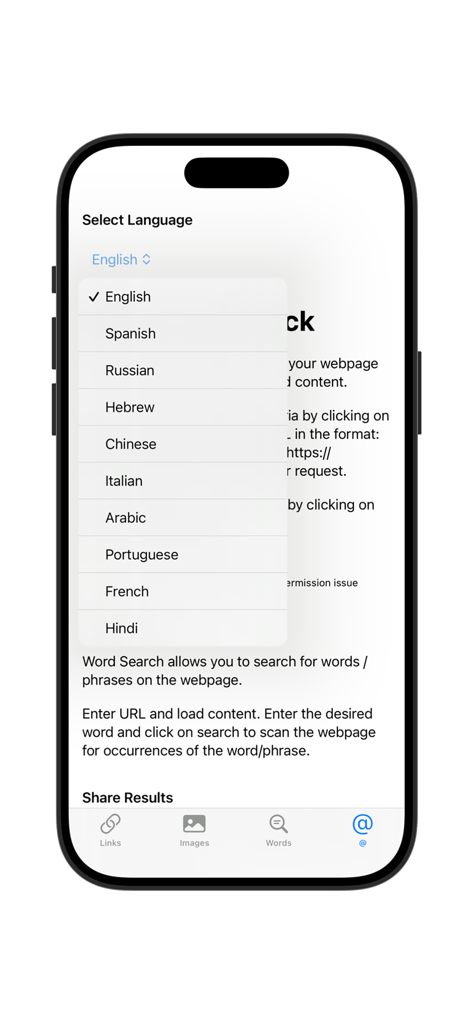 Language selection menu in the Link Check Pro app on an iPhone showing options like English, Spanish, and French.
