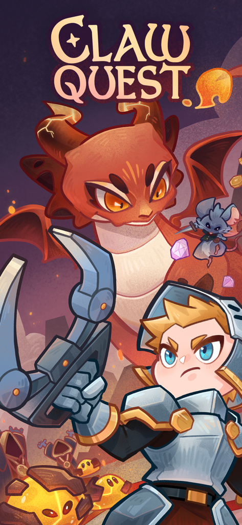 Claw Quest: Roguelike RPG - Stylized illustration of a knight holding a mechanical claw facing a giant red dragon in Claw Quest