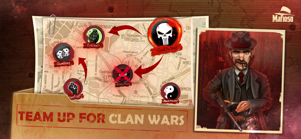 Eine strategische Stadtkarte, die Spielerstandorte und Clan-Kriegsmissionen mit einem Porträt eines Gangster-Charakters zeigt