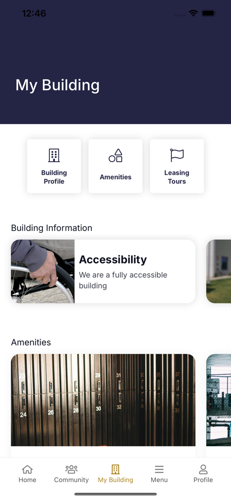 PLQ Workplace V3 - My Building screen in the PLQ Workplace app displaying building profile amenities and accessibility information
