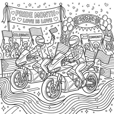 Join the vibrant celebration of love and community with this unique Electric Motorcycles Pride Month coloring page. Featuring sleek bikes amidst a joyful parade, it's a perfect blend of modern cool and heartfelt festivity.
