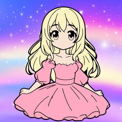 blonde anmie girl wearing a pink dress