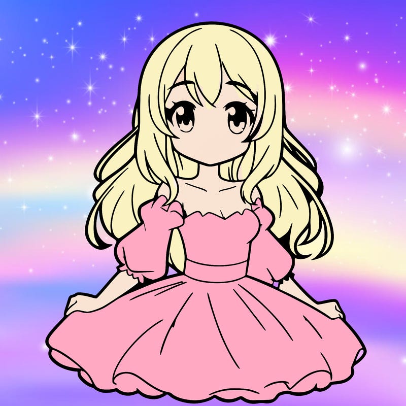 blonde anmie girl wearing a pink dress