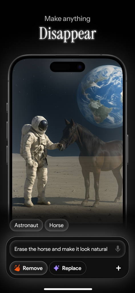 Photo Editor Eraser AI: Vanish - 말을 지우라는 프롬프트와 함께 달에 있는 우주비행사를 보여주는 Vanish AI의 모바일 앱 인터페이스.