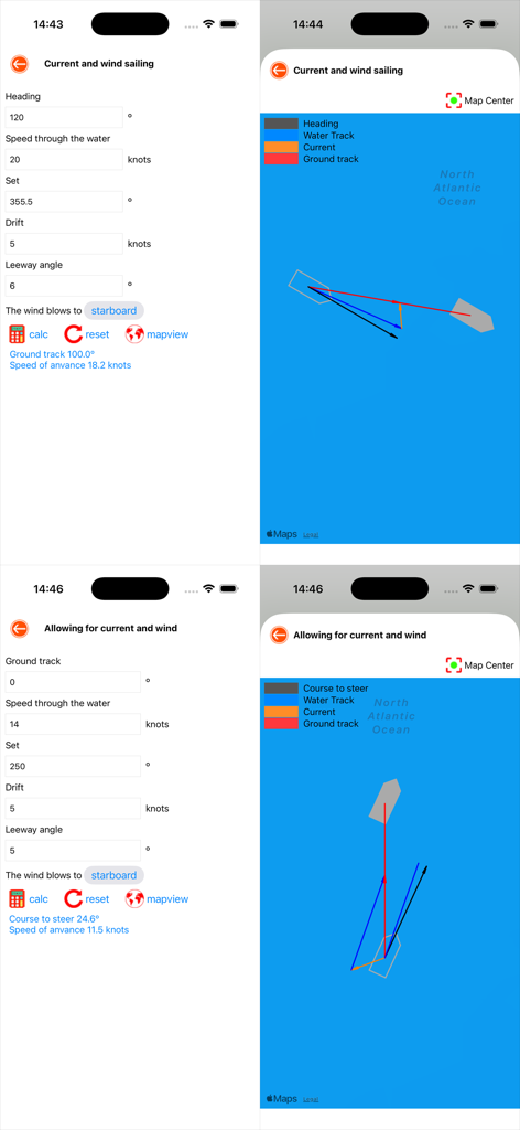 Nautical Calculator Preview - Nautical Calculator app interface showing maritime navigation calculations and vector diagrams for current and wind sailing.