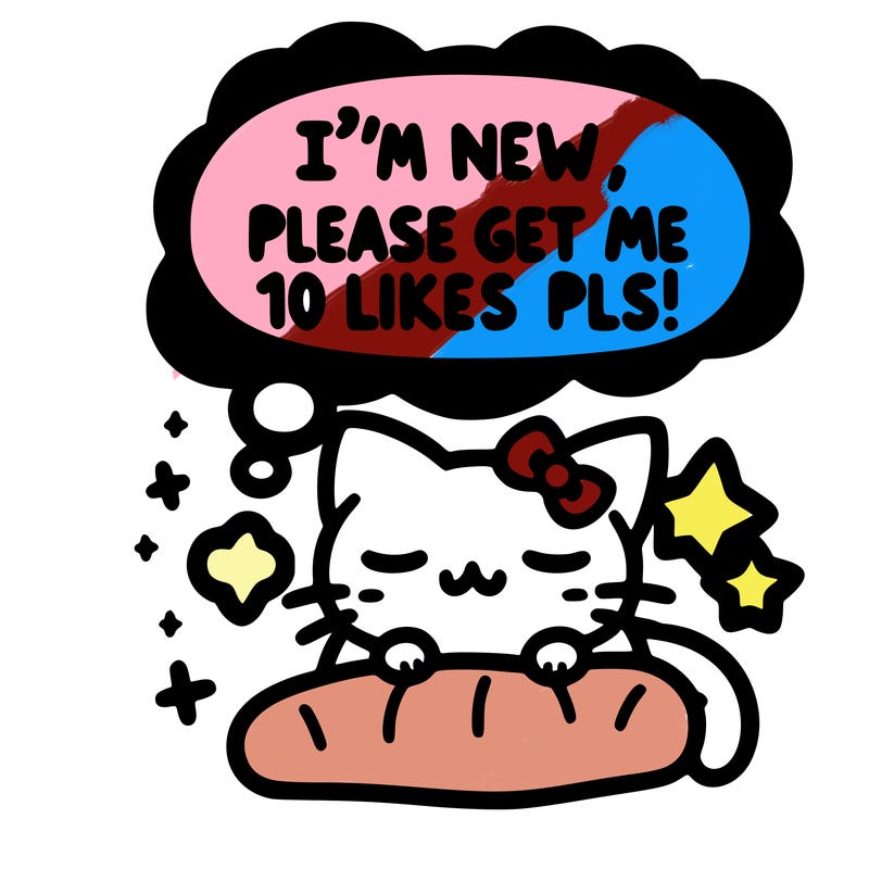 kitty taking a nap dream talking and saying "i'm new, please get me at least 10 likes pls!!"