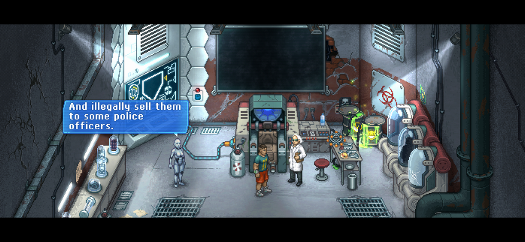 A pixel art scene from Punch Club 2 showing a dialogue bubble in a futuristic cyberpunk laboratory with characters.