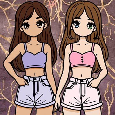 two sisters with crop tops and jean shorts and straight hair