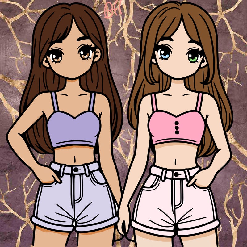 two sisters with crop tops and jean shorts and straight hair