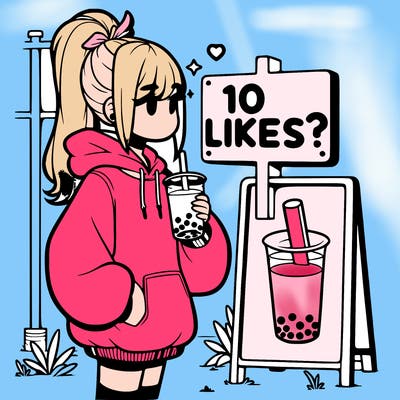 girl with oversized hoodie drinking boba and she has a high ponytail with a sign that says 10likes?