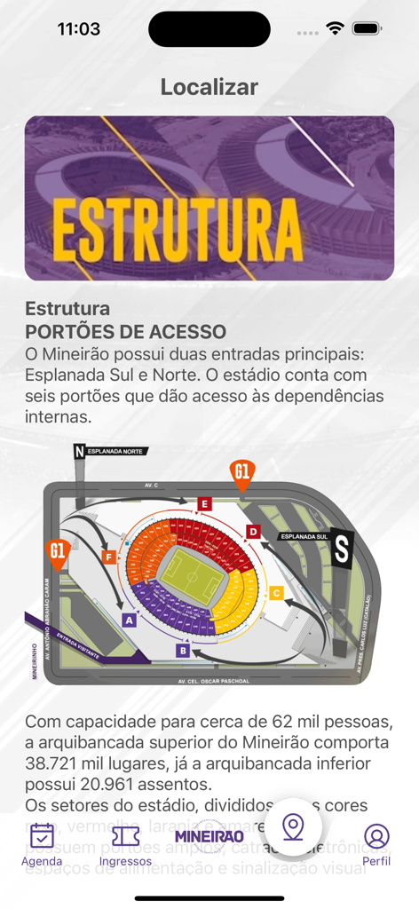 App Mineirão - Map of Mineirao Stadium seating and access gates in the app