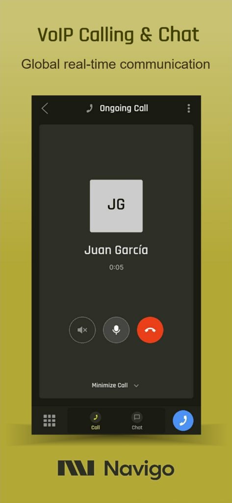 Tela do aplicativo móvel Navigo Assistant mostrando uma chamada VoIP segura em andamento com recursos de comunicação em tempo real para viajantes profissionais.