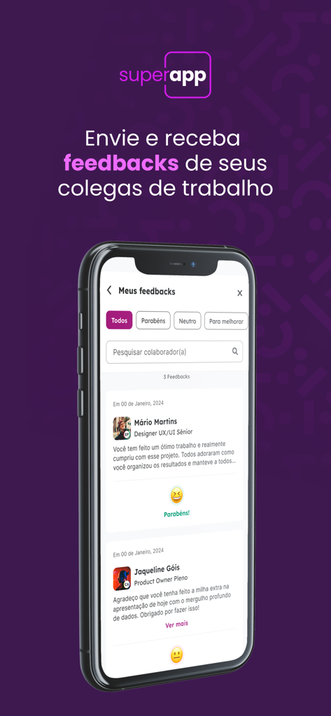 Sólides - Smartphone screen showing the feedback section of the Solides HR app where employees can view performance messages from colleagues