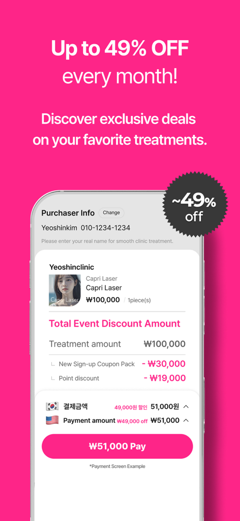 YeoTi, Korean Skin Clinic App - A screenshot from the YeoTi app showing a 49 percent discount on a skin treatment and a clear payment summary.