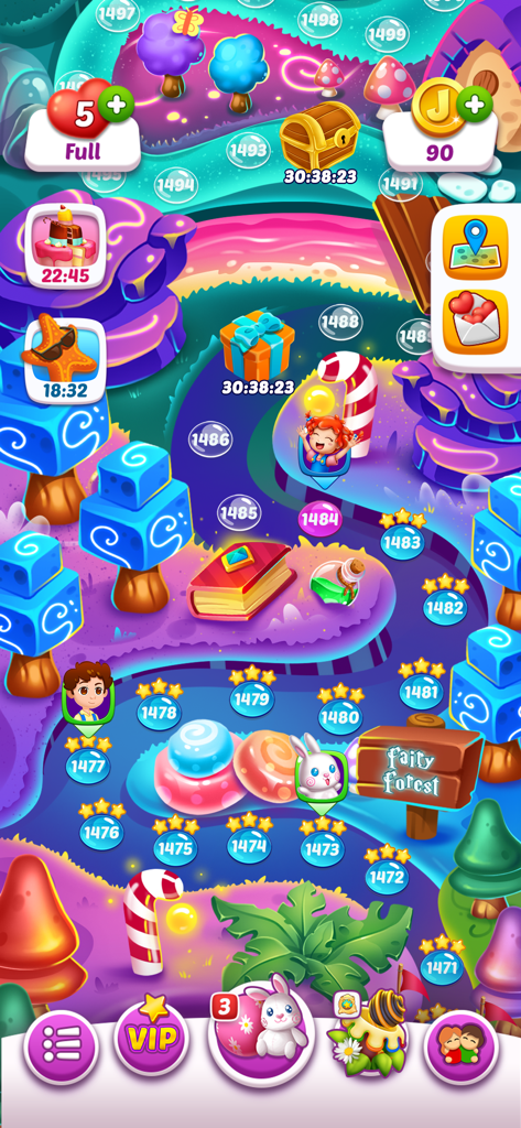 Colorful level map in Jelly Juice showing progression through the Fairy Forest landscape.
