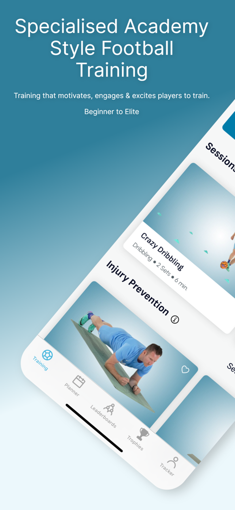 247 Football: Soccer Academy - Specialised academy style soccer training app interface showing dribbling drills and injury prevention