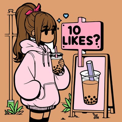 girl with oversized hoodie drinking boba and she has a high ponytail with a sign that says 10likes?