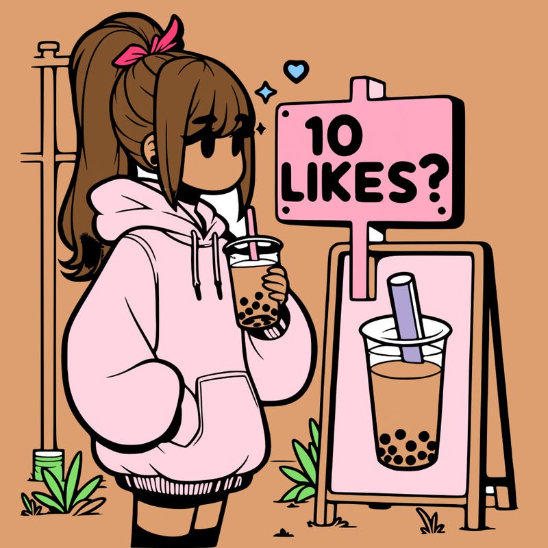girl with oversized hoodie drinking boba and she has a high ponytail with a sign that says 10likes?