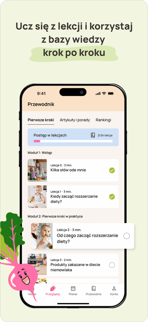 Pierwsze Smaki - Pantalla de la app Pierwsze Smaki que muestra un curso en video y el progreso de las lecciones para padres que inician el destete de sus bebés