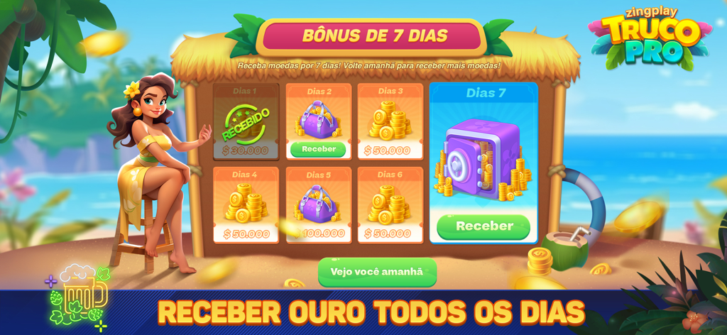 Pantalla del juego móvil Truco ZingPlay mostrando recompensas diarias y monedas de oro en un entorno de playa tropical.