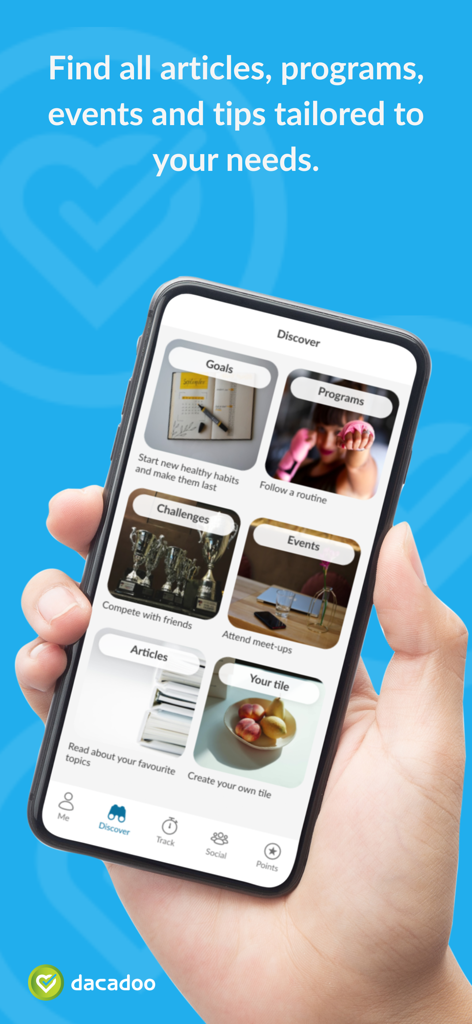 dacadoo - A hand holding a smartphone showing the dacadoo app Discover tab with sections for health goals, programs, and challenges.