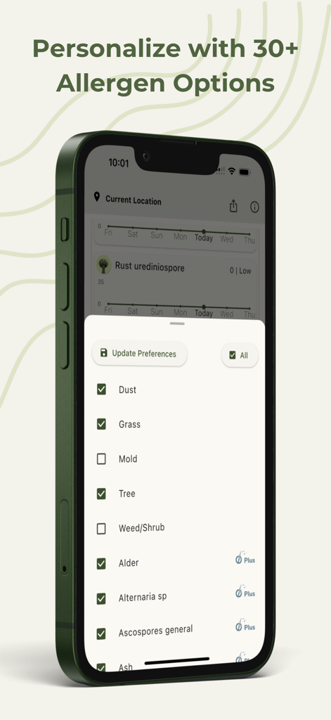 Smartphone displaying the Pollen Wise app settings to personalize allergen tracking from over thirty options.