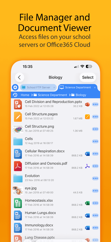 FileBrowser for Education mobile interface showing biology lesson files from a school server