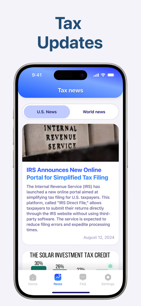 Interfaz de la aplicación IRS2Go que muestra las últimas noticias y actualizaciones fiscales de EE. UU. para los contribuyentes.