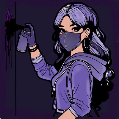 realistic girl with mask spray painting a wall