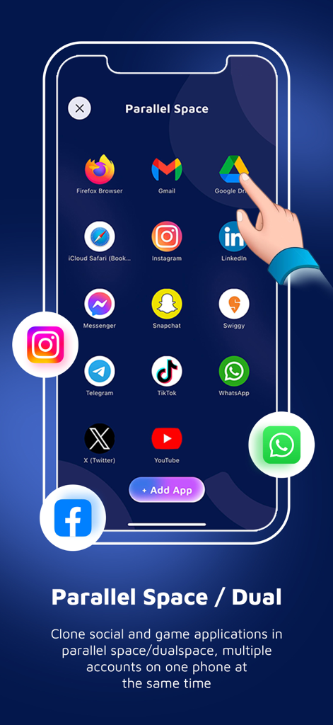 Clone App - Direct Chat - Interface of Clone App showing the parallel space feature for managing multiple accounts of social media apps