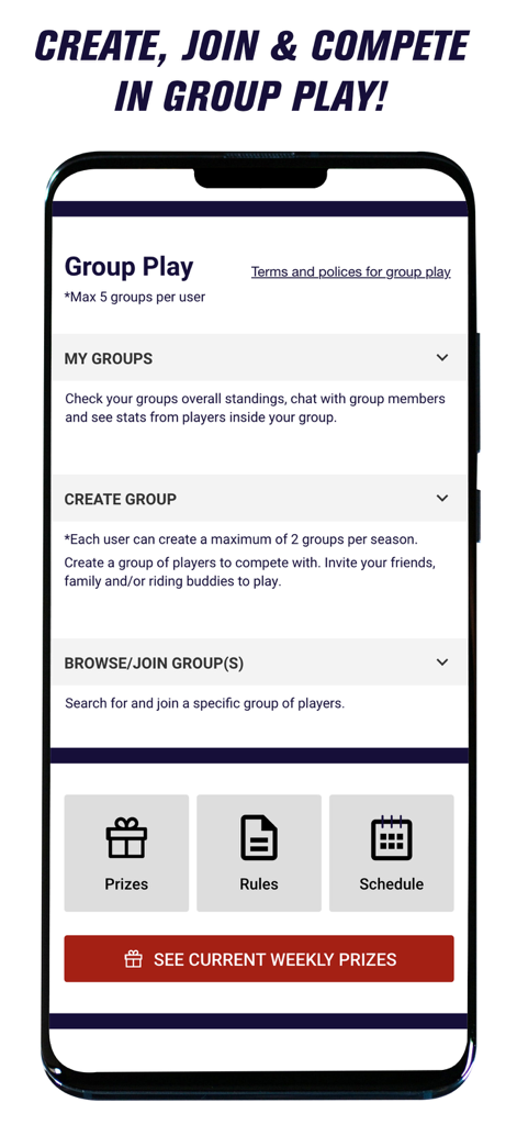 RMFantasy app screen for creating and joining groups to compete in motocross fantasy leagues