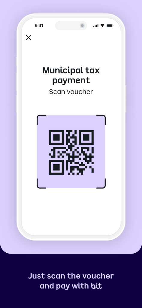 bit ביט - Interfaccia dell'app Bit per il pagamento delle tasse comunali tramite scansione del codice QR di un voucher