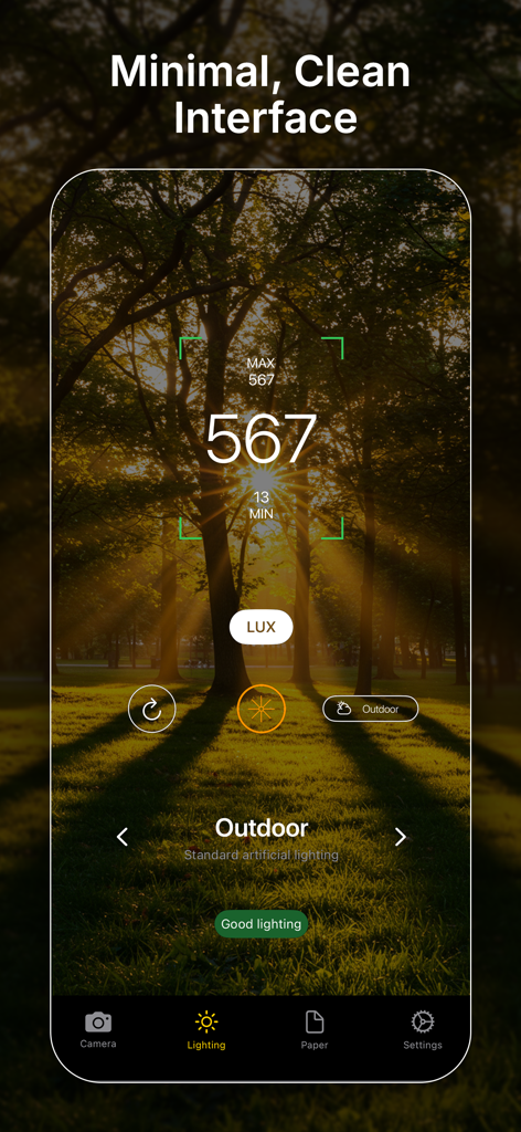 Luxmeter - Lux Light Meter - Luxmeter app user interface displaying a light intensity reading of 567 lux in an outdoor environment