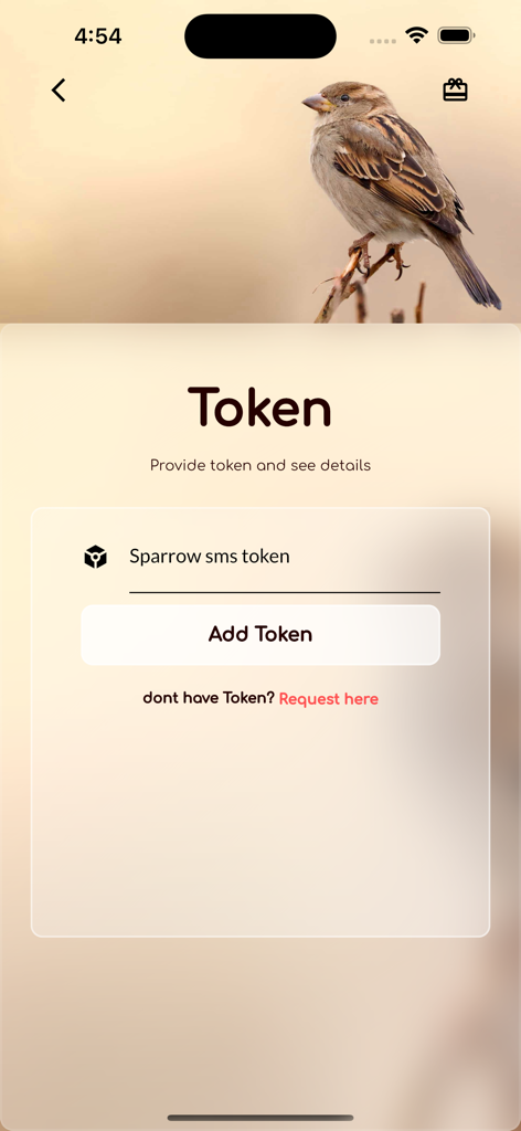 My Sparrow SMS - Screen for entering and adding a Sparrow SMS API token.