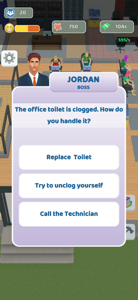 The Office Life 3D - Captura de pantalla del juego de The Office Life 3D que muestra al personaje jefe Jordan decidiendo cómo lidiar con un inodoro obstruido con tres opciones presentadas.